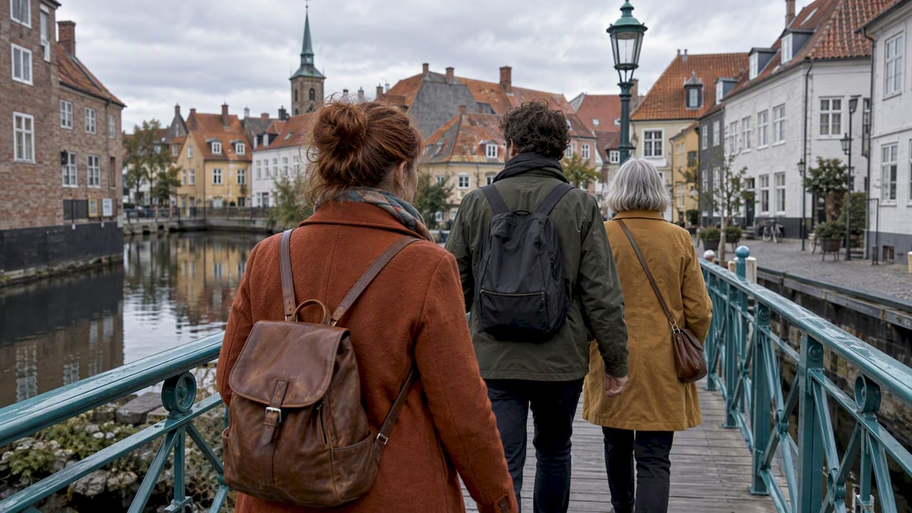 Rejsende går sammen over en kanalbro i Danmark