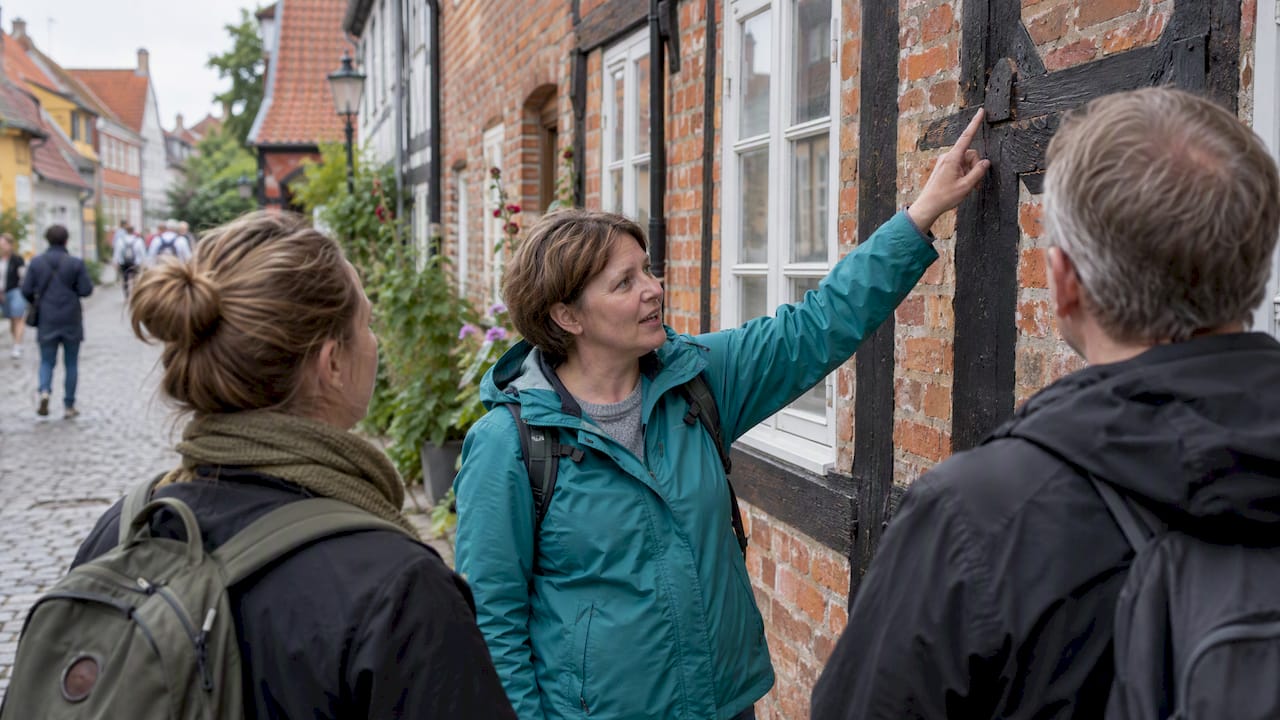 En lokal guide viser besøgende en gammel byfacade