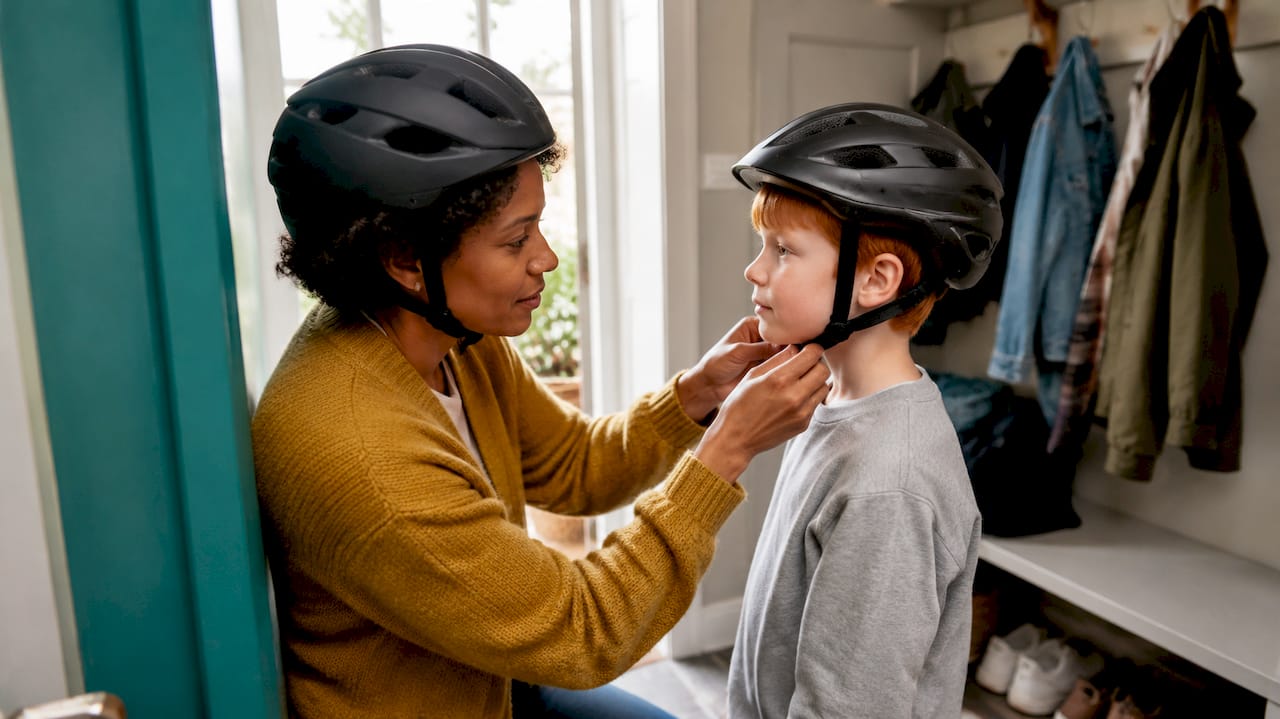 Mor tjekker, om barnets cykelhjelm sidder korrekt