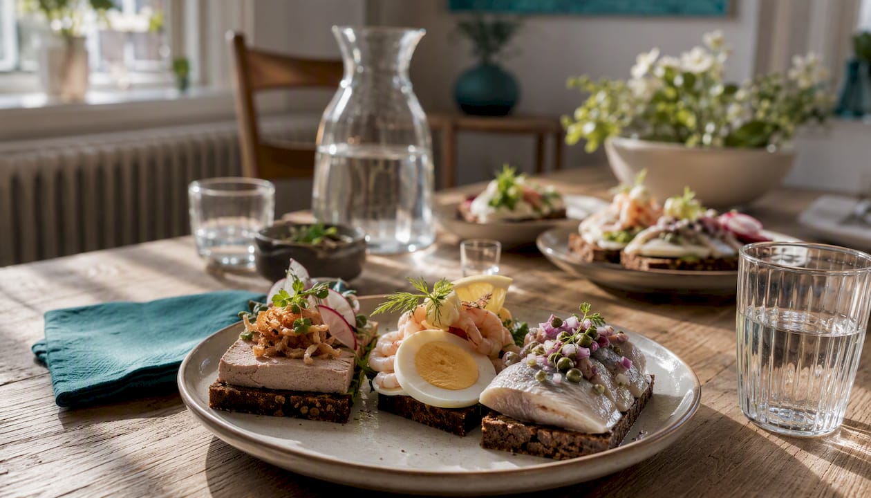 Dänisches Smørrebrød auf einem festlichen Mittagstisch