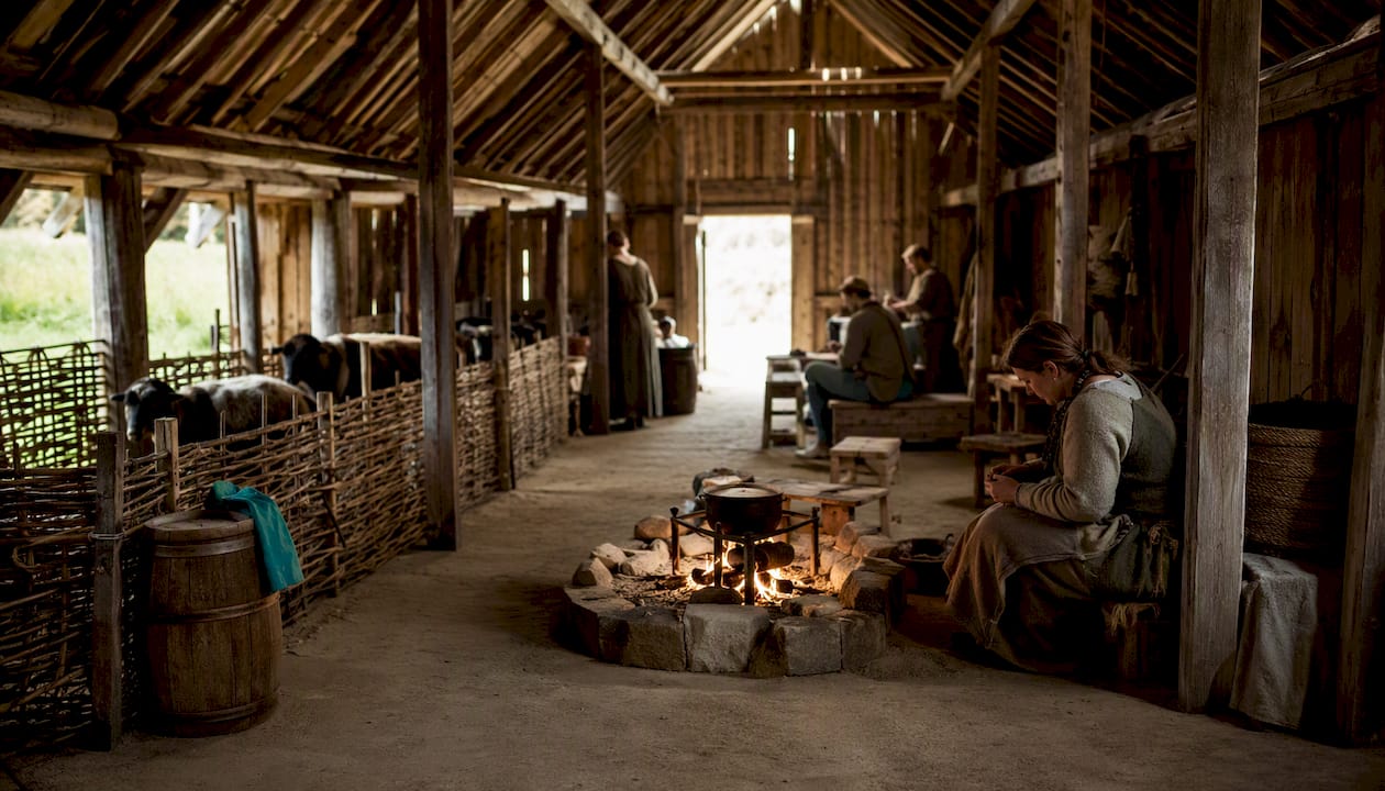 Innenraum in einem rekonstruierten Wikingerlanghaus