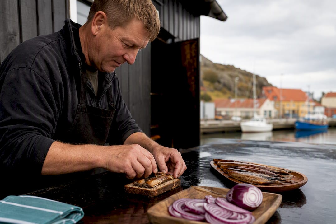 Geräucherter Hering auf Roggenbrot von einer bornholmschen Räucherei