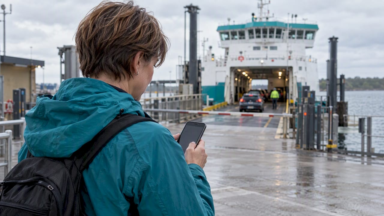 Passageren undersøger færgeinformation ved terminalen
